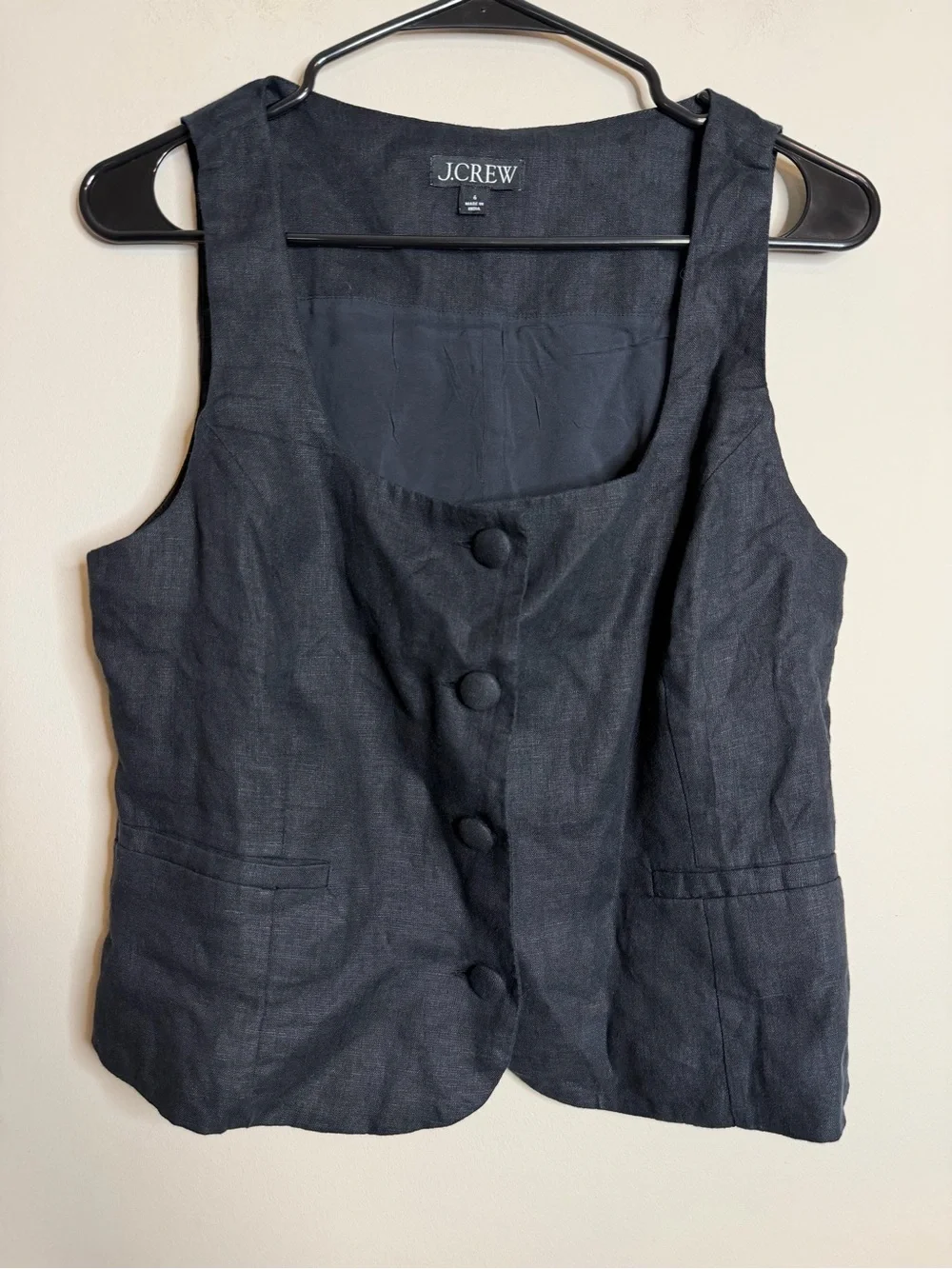 J. Crew Scoopneck Linen-Blend Button Vest Navy Blue Size 6